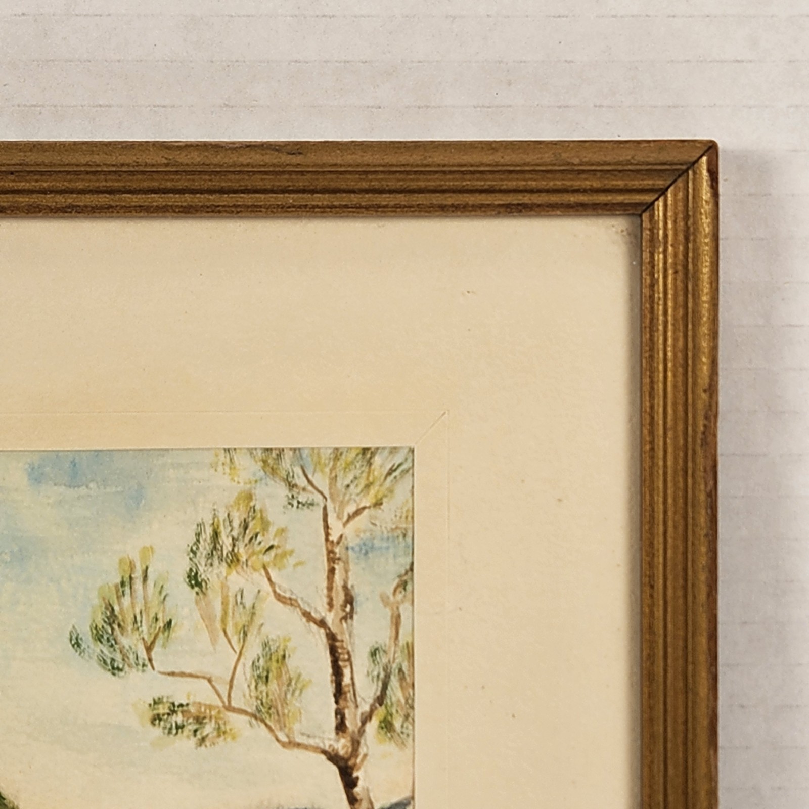 VTG Watercolor Art Landscape Rocky Riverbank Mountains Tree Nature Cottage 11″