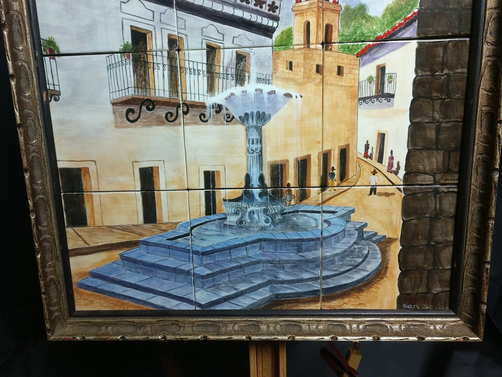 Artist SAN DO Porcelain Tile Mosaic of TASCA Mexico 1980 FRAMED Vintage PAINTED