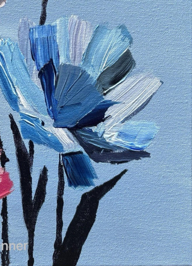 Impasto Pink Blue Flowers Original Acrylic Painting 11×14 Signed Canvas Art