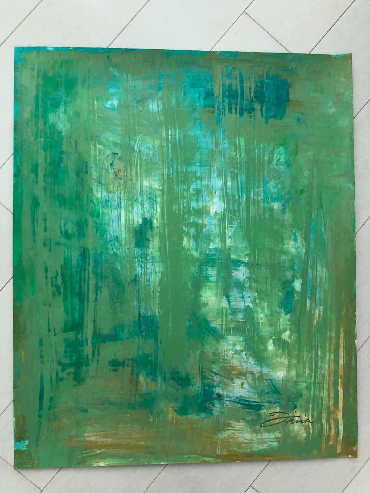 Original Abstract Watercolor Painting “17 x 14” by Tinia Clark Green Turquoise