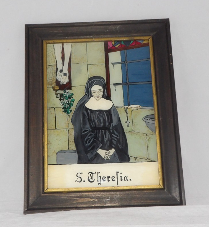 German Reverse Glass Painting of St. Theresia of Avila Patron of writers authors