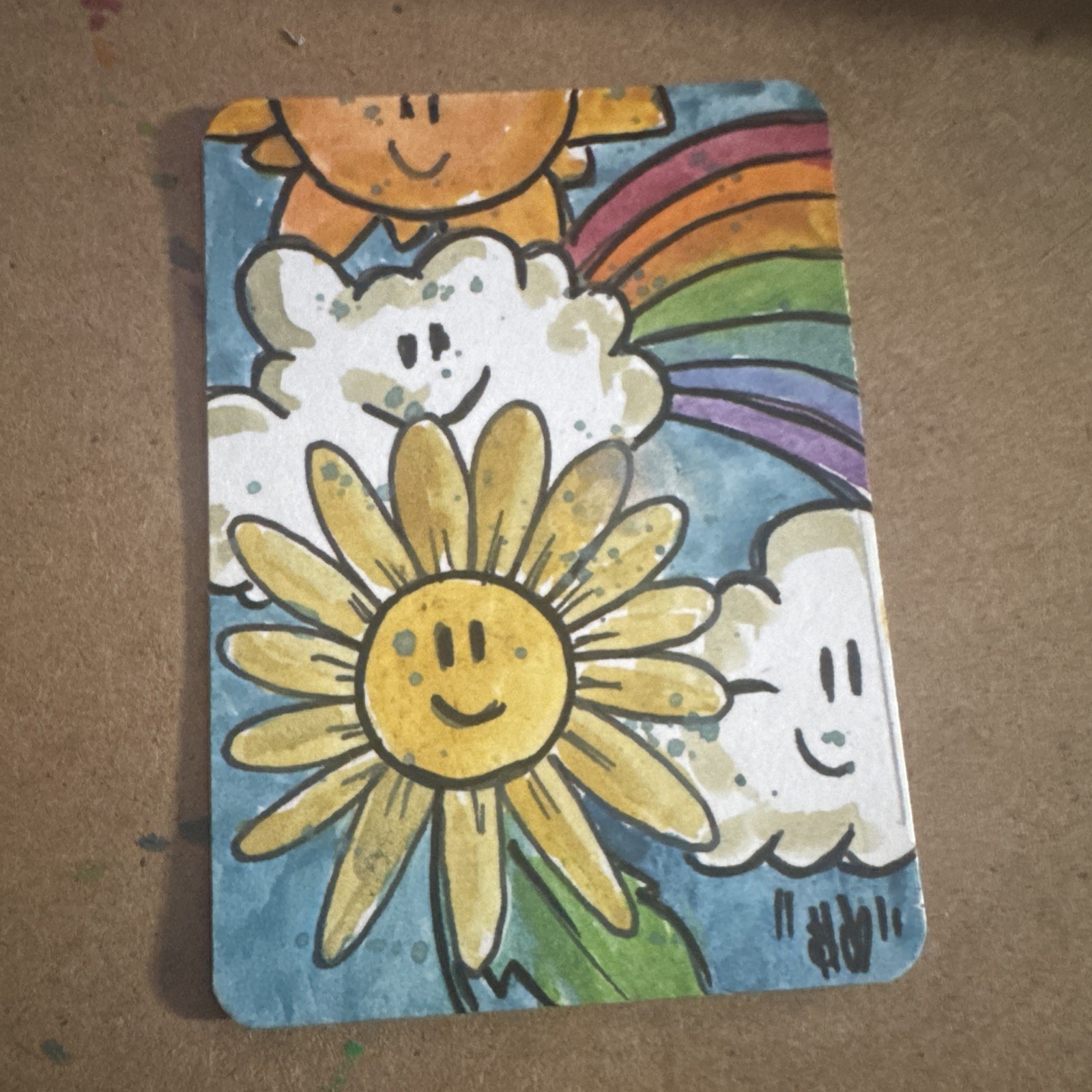 ACEO Original Painting Watercolor Ink Shortiez ink ATC Rainbow Flowers Sun