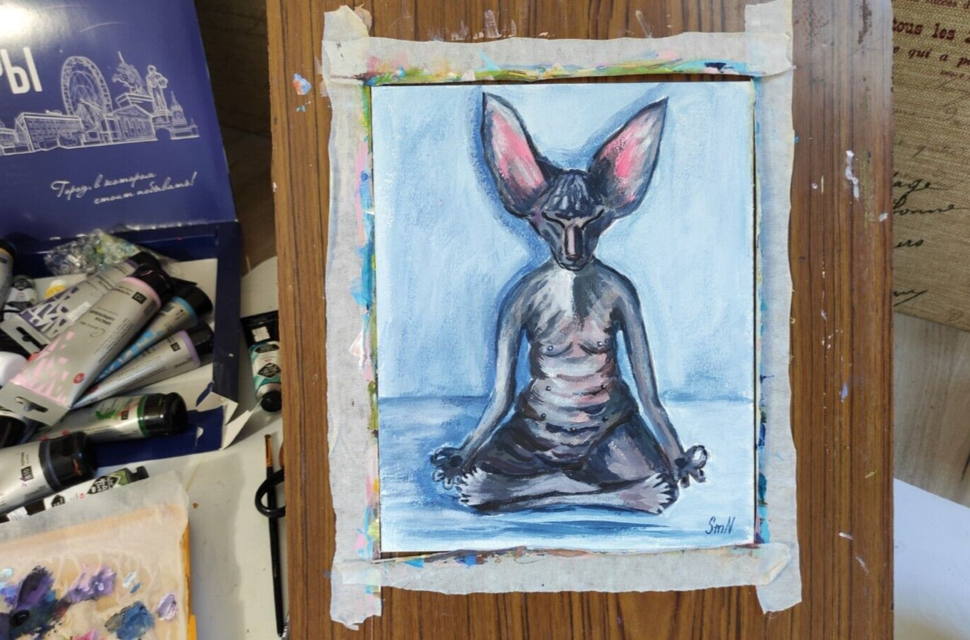 Original Art Meditation Cat Portrait Relax Pet Outsider Painting Kitten Zen