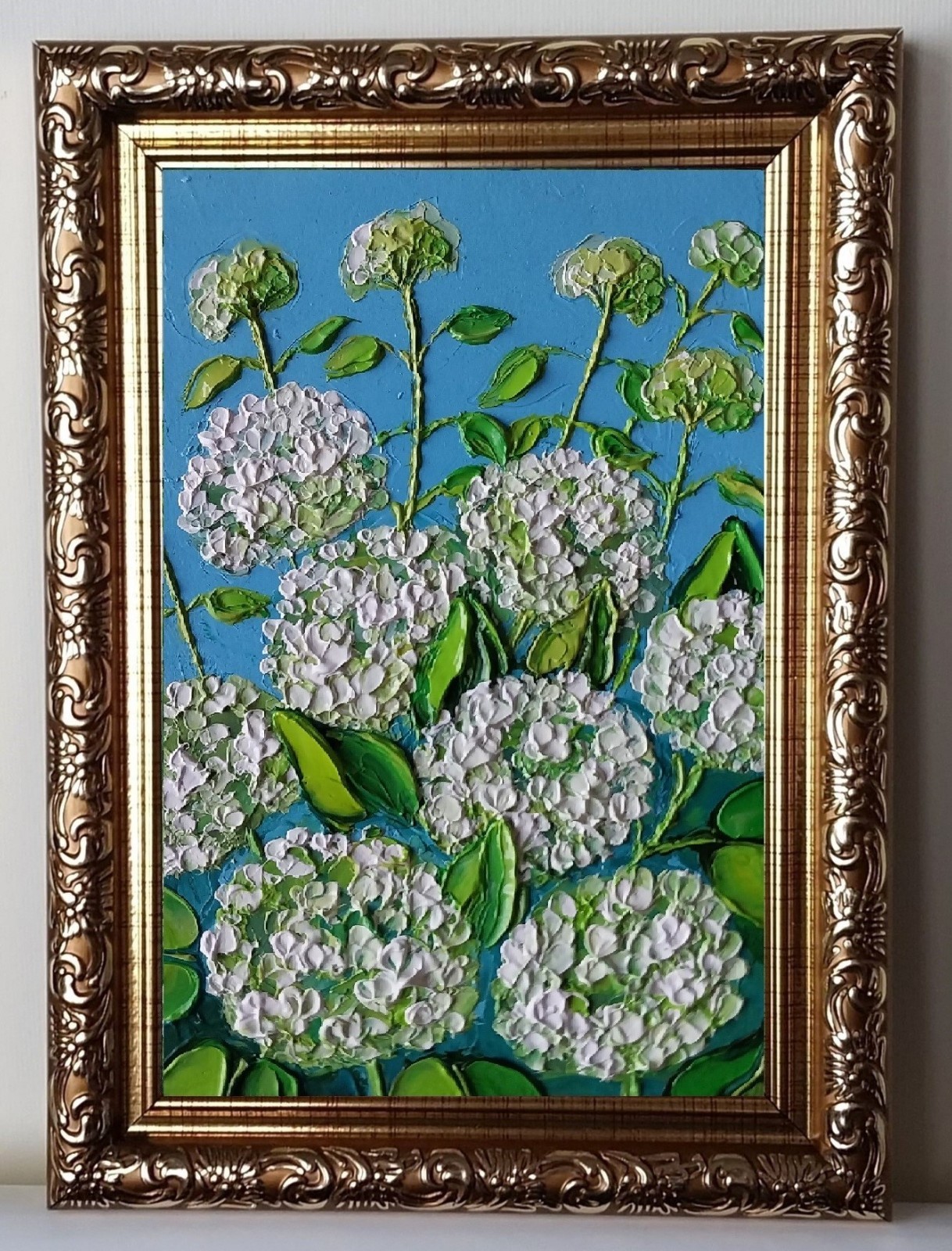 Framed White Hydrangea Blossoms Flowers Art 4×6” Impasto Oil Painting Original