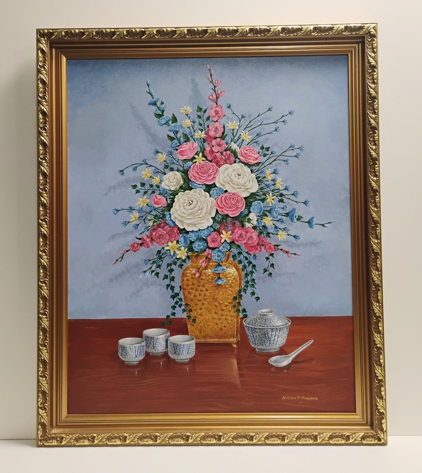 Floral Still Life William Tompkins Flowers In Gold Asian Vase Oil Painting 28X34