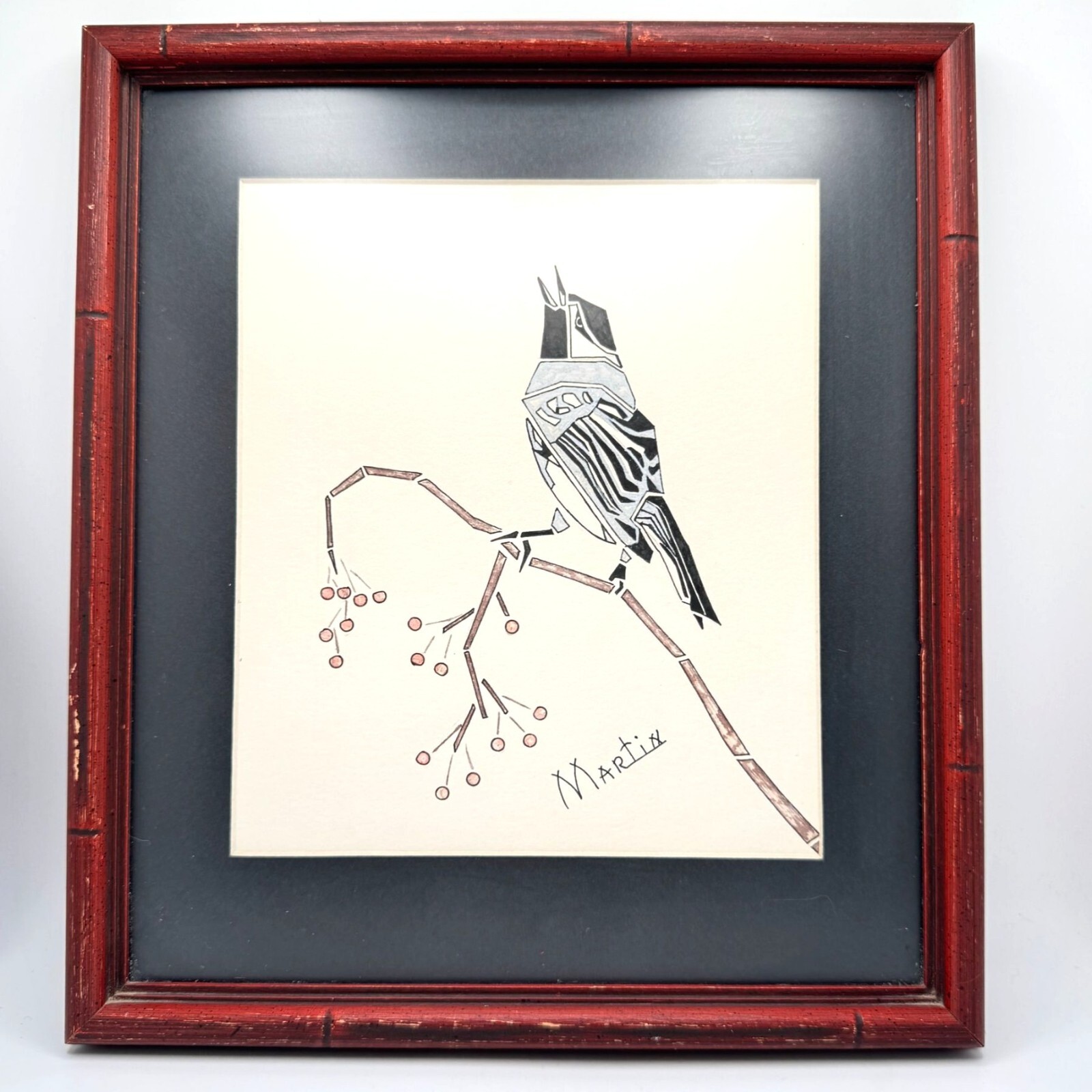 Framed Bird Illustration Signed By Artist Martin Red Bamboo-Style Frame 7.25″