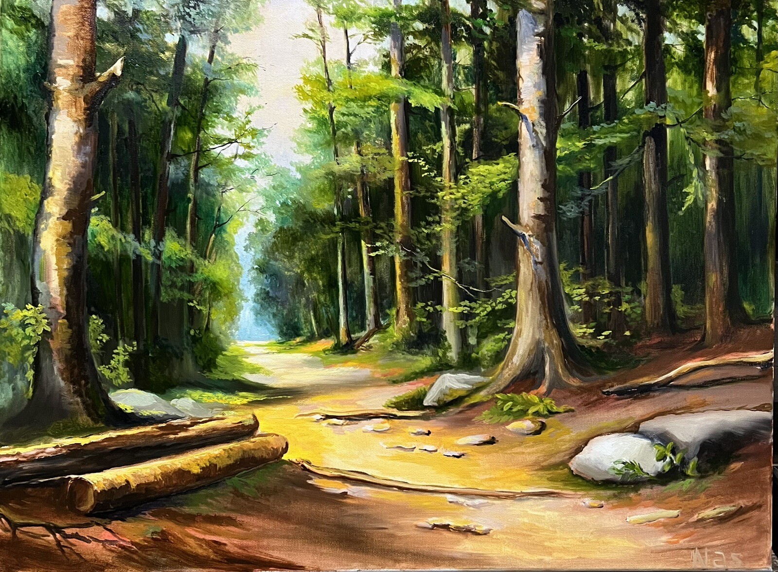 Original painting oil on canvas ,Forest Green Landscape, Big Colorful Trees