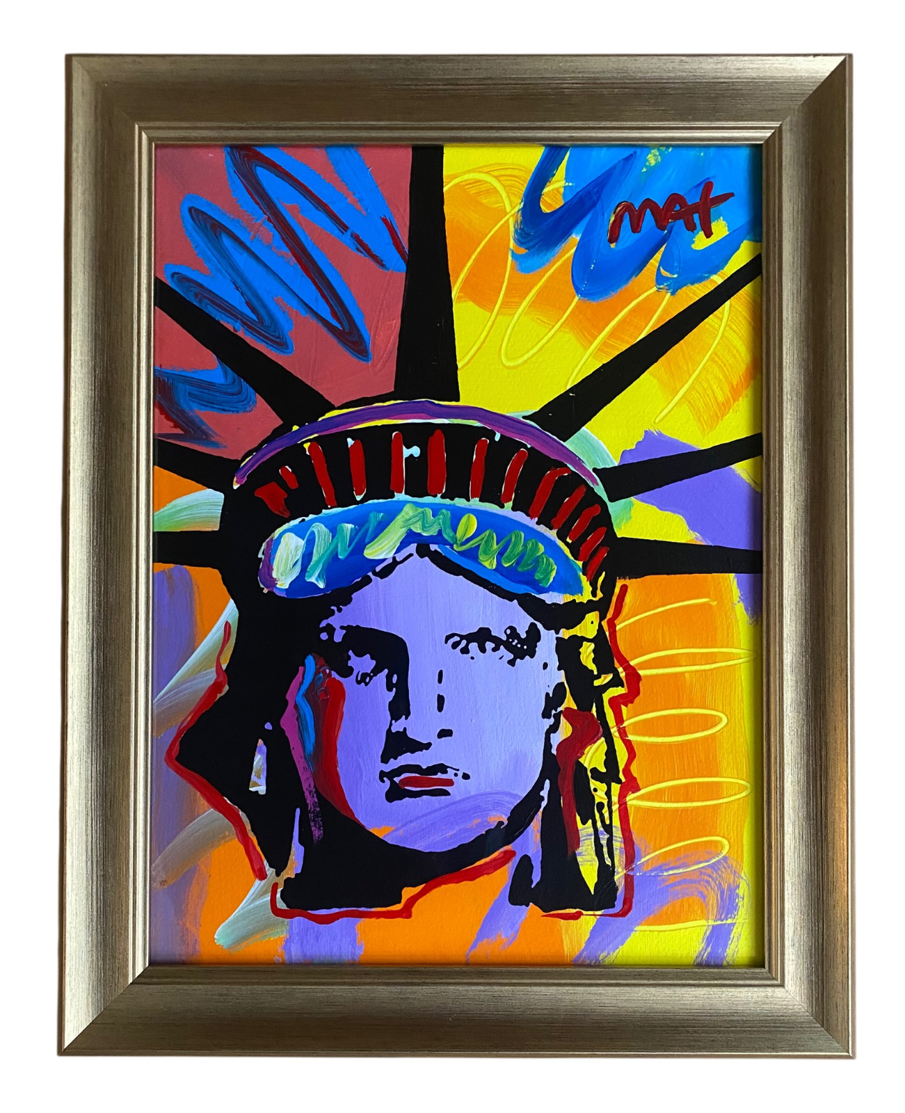 Peter Max «Statue of Liberty» Signed Acrylic Painting on Paper Framed