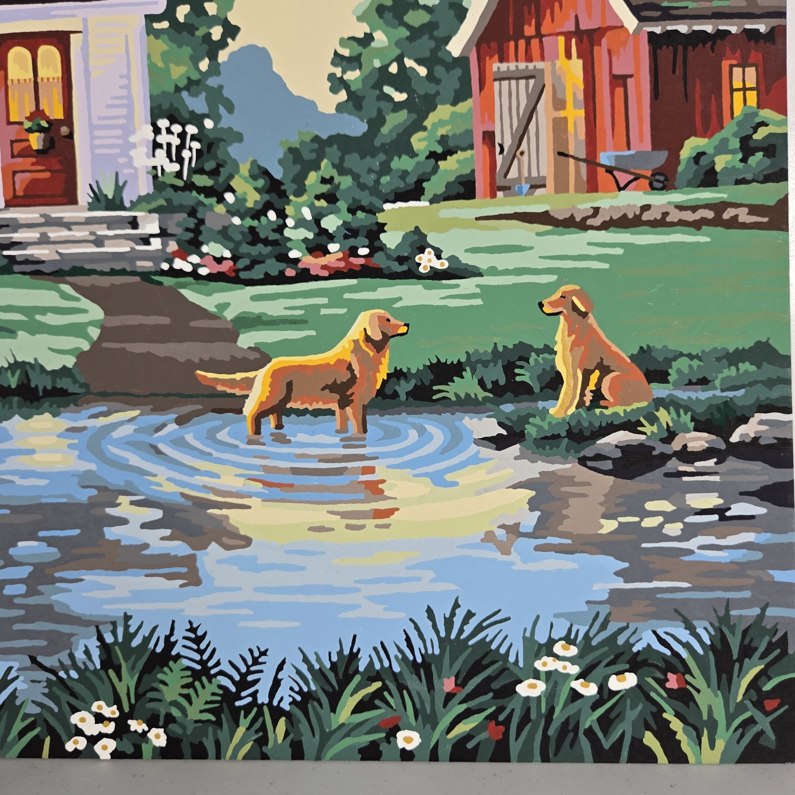 Summer Cottage Paint By Number Finished Acrylic Painting Golden Dogs Lake 20×16