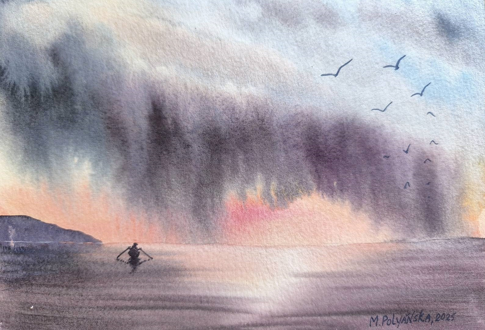FISHERMAN BOAT BERDS CLOUDY SKY Original Art Painting Landscape Seascape Gift A5