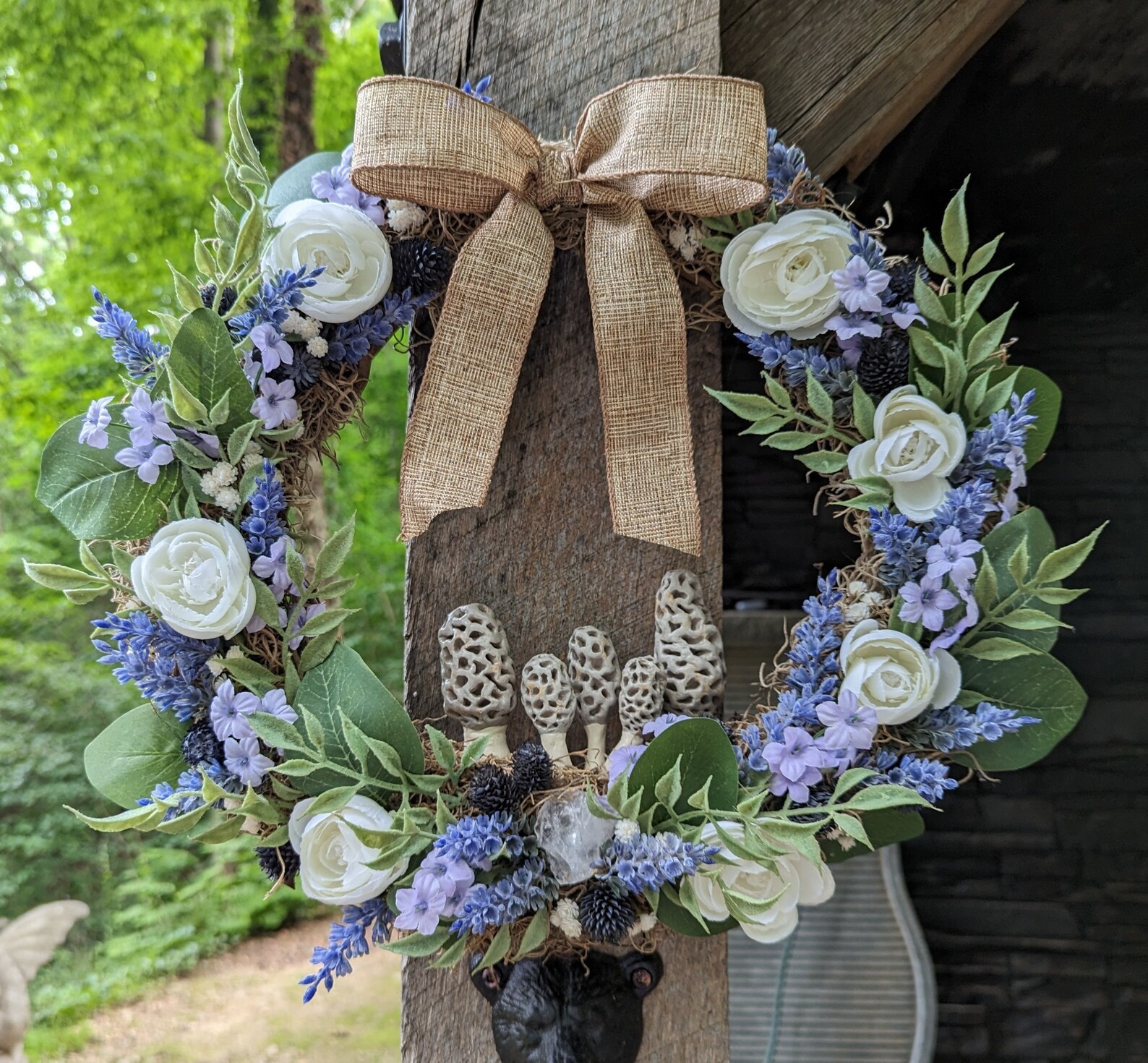 Hand-Painted Morel Mushroom Wreath: Lavender, Moss & Faux Flowers