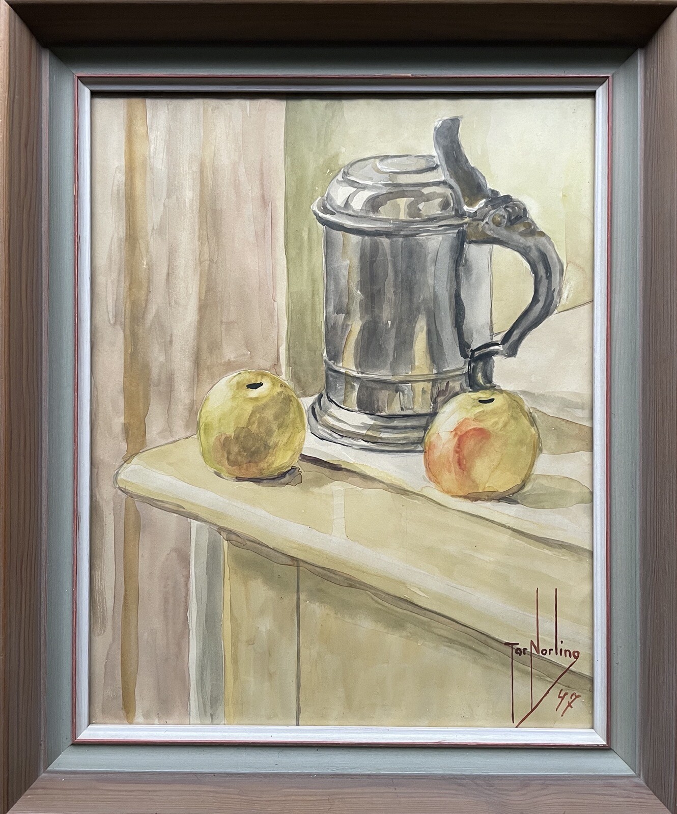 Tor Norling *1986 Still Life Pewter Jug Beer Stein Apples Wooden Chest 1947