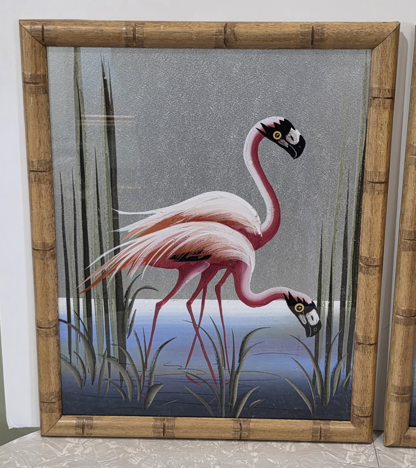 (x2) 1950s MCM Flamingos Original Silver Board Paintings Pair Bamboo Frames…