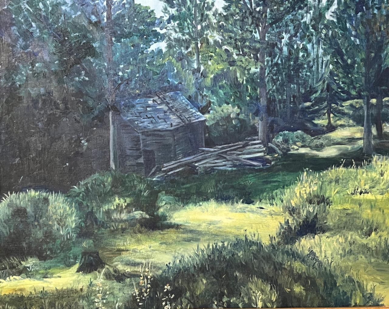 Vintage American Rural Landscape Oil Painting Green Trees Forest Old Cabin Home