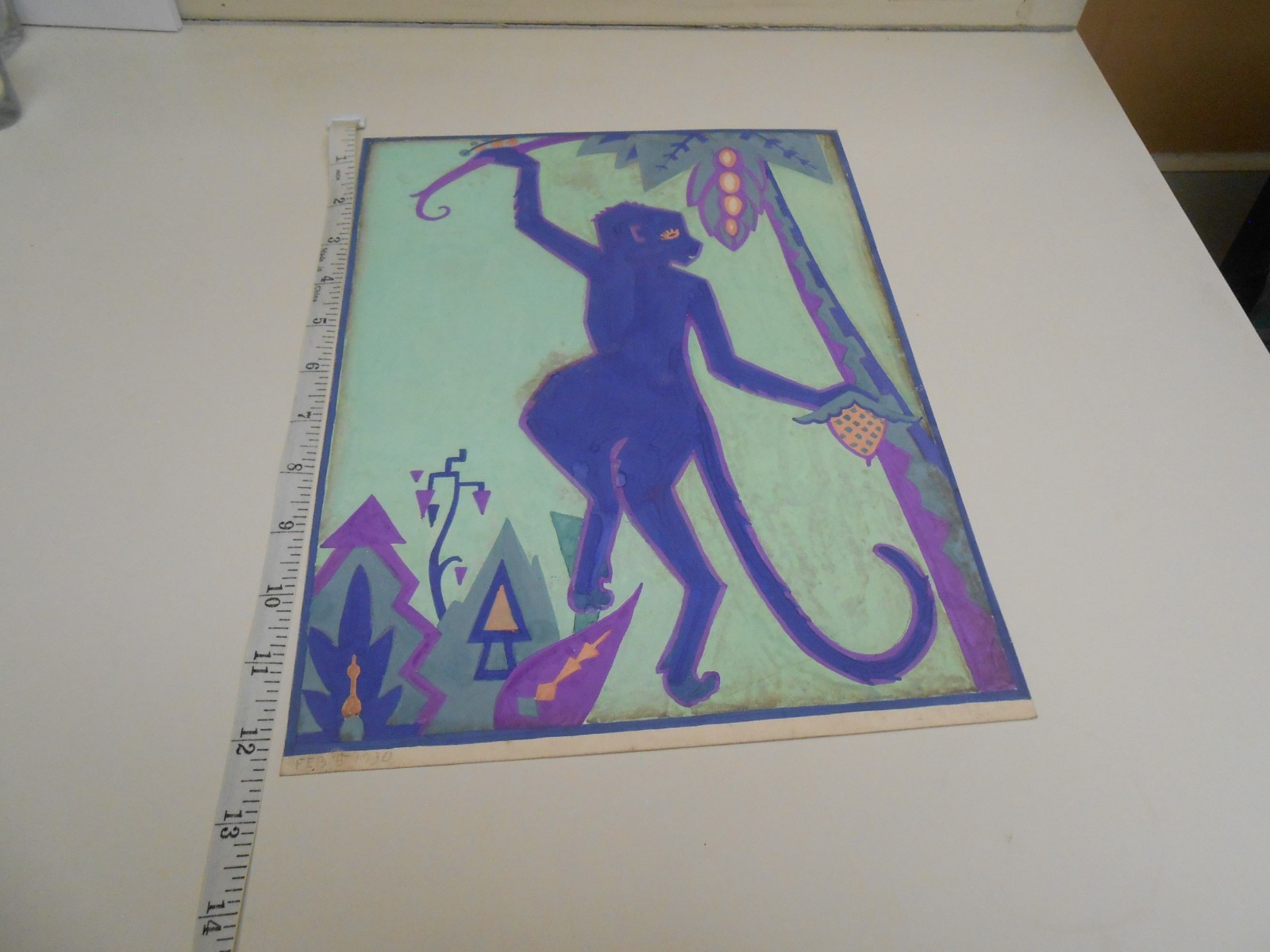 Purple Monkey Leaping Watercolor Dated 2/5/1930