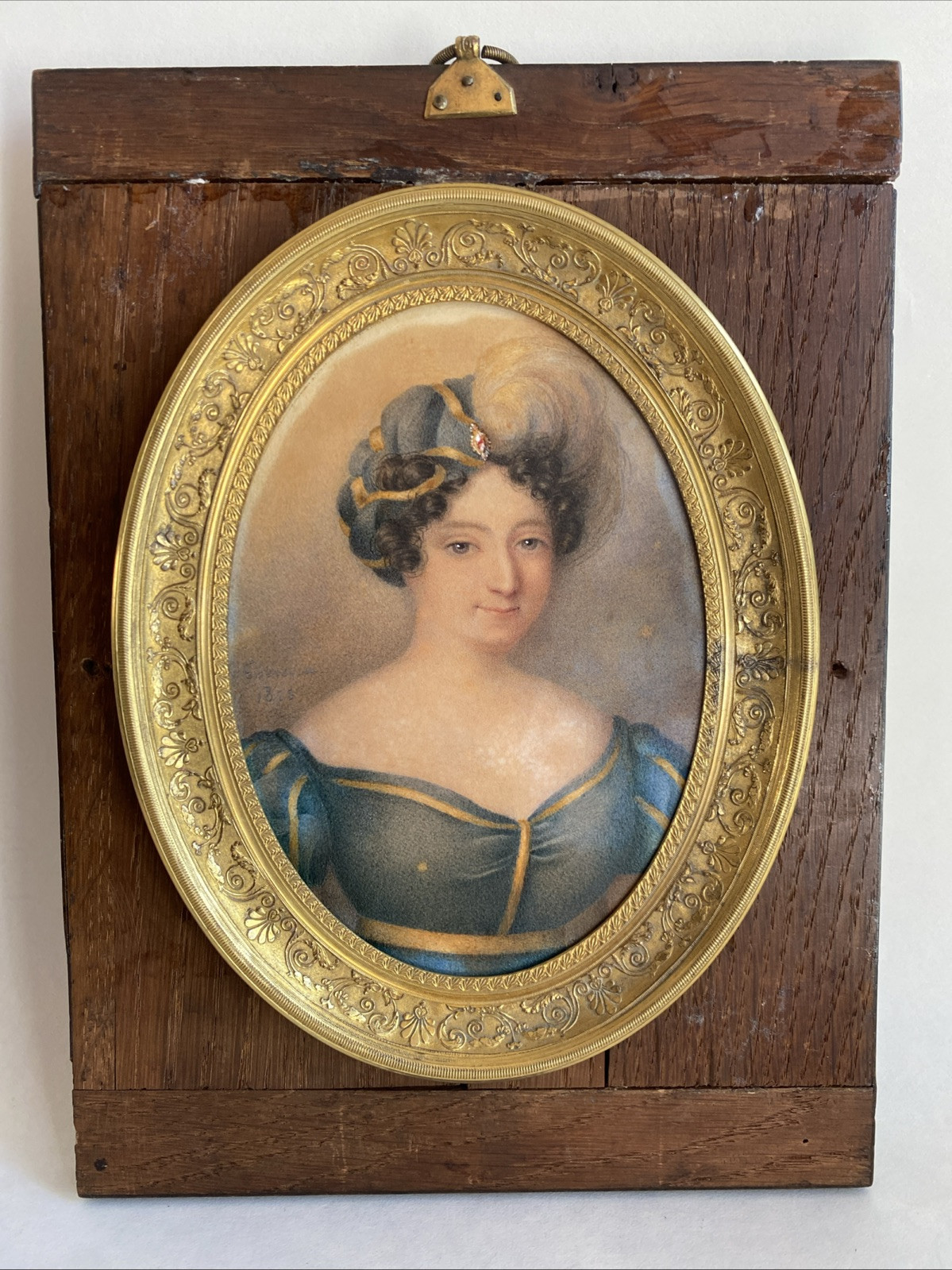 Russian Signed 19th Century Framed Oval Watercolor Portrait of a Woman, 1822