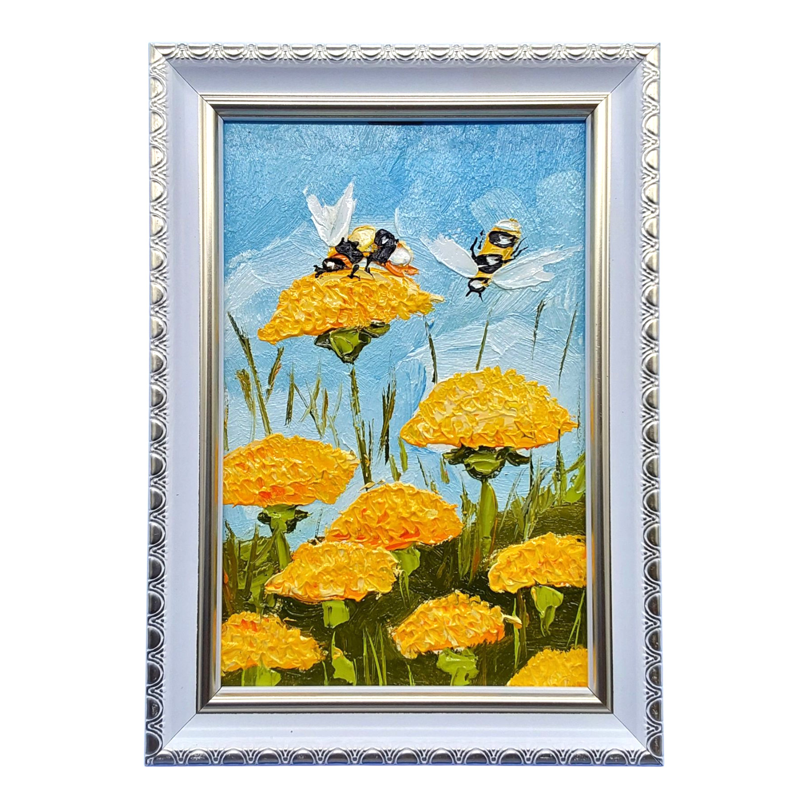Dandelions Honey Bees 3D Original Oil Painting Wildflowers Handmade Wall Art