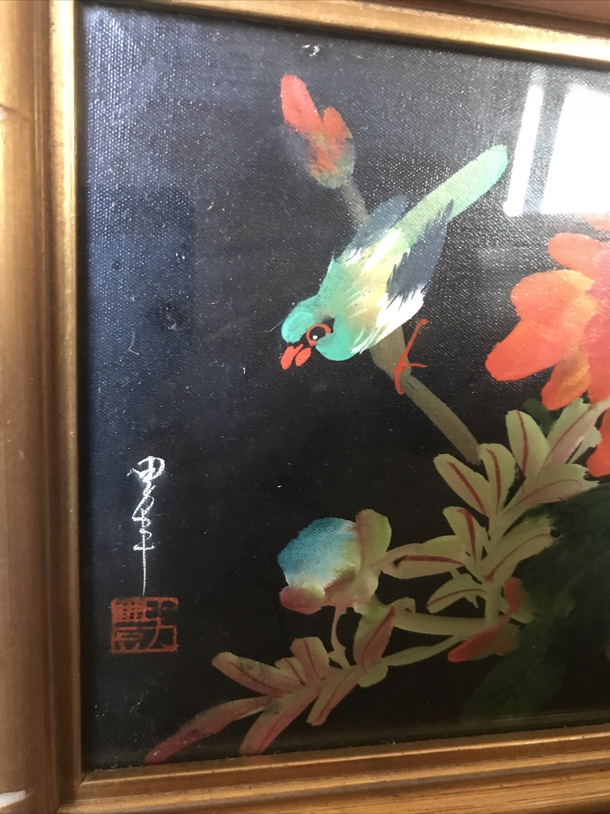 Chinese – Original – Signed – Red Flowers – Blue Bird – Floral – Painting – Art