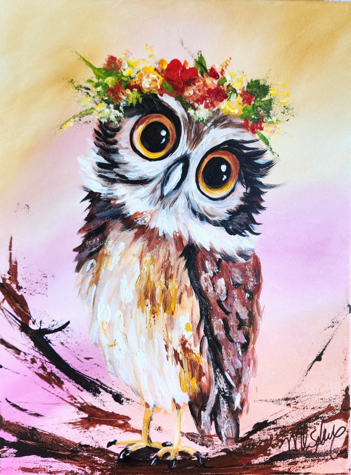 Cute Floral Owl Painting 12×16 Original Nursery Wall Art by M Isaksen