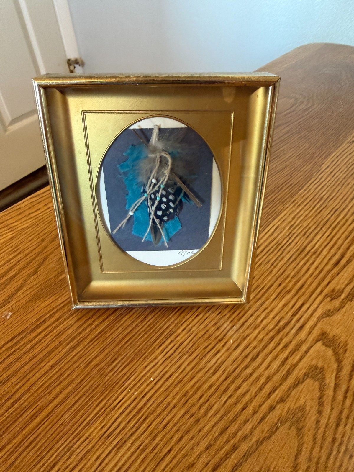 Vintage Hand Painted Feather Framed and Signed Mac 5″ x 6″ Frame