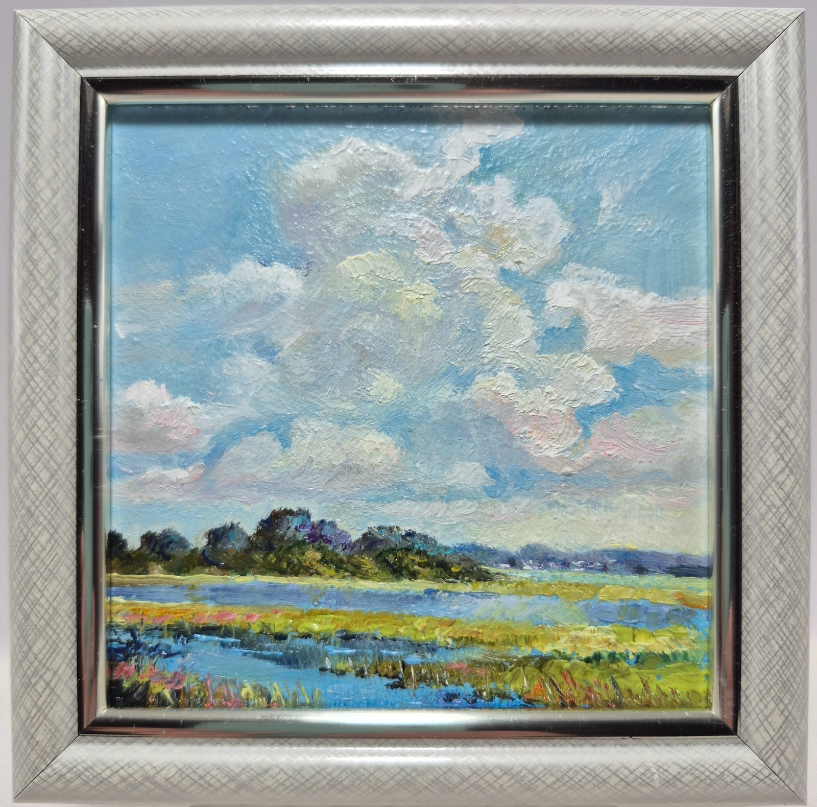 An original oil painting, signed and framed. A summer landscape with a river4х4