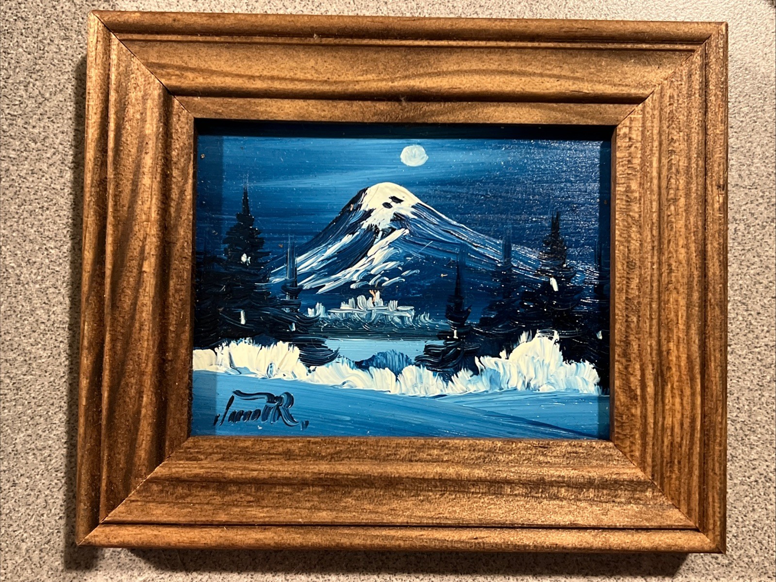 Miniature oil painting framed Mountains Lake 4-3/4” x 3-3/4”