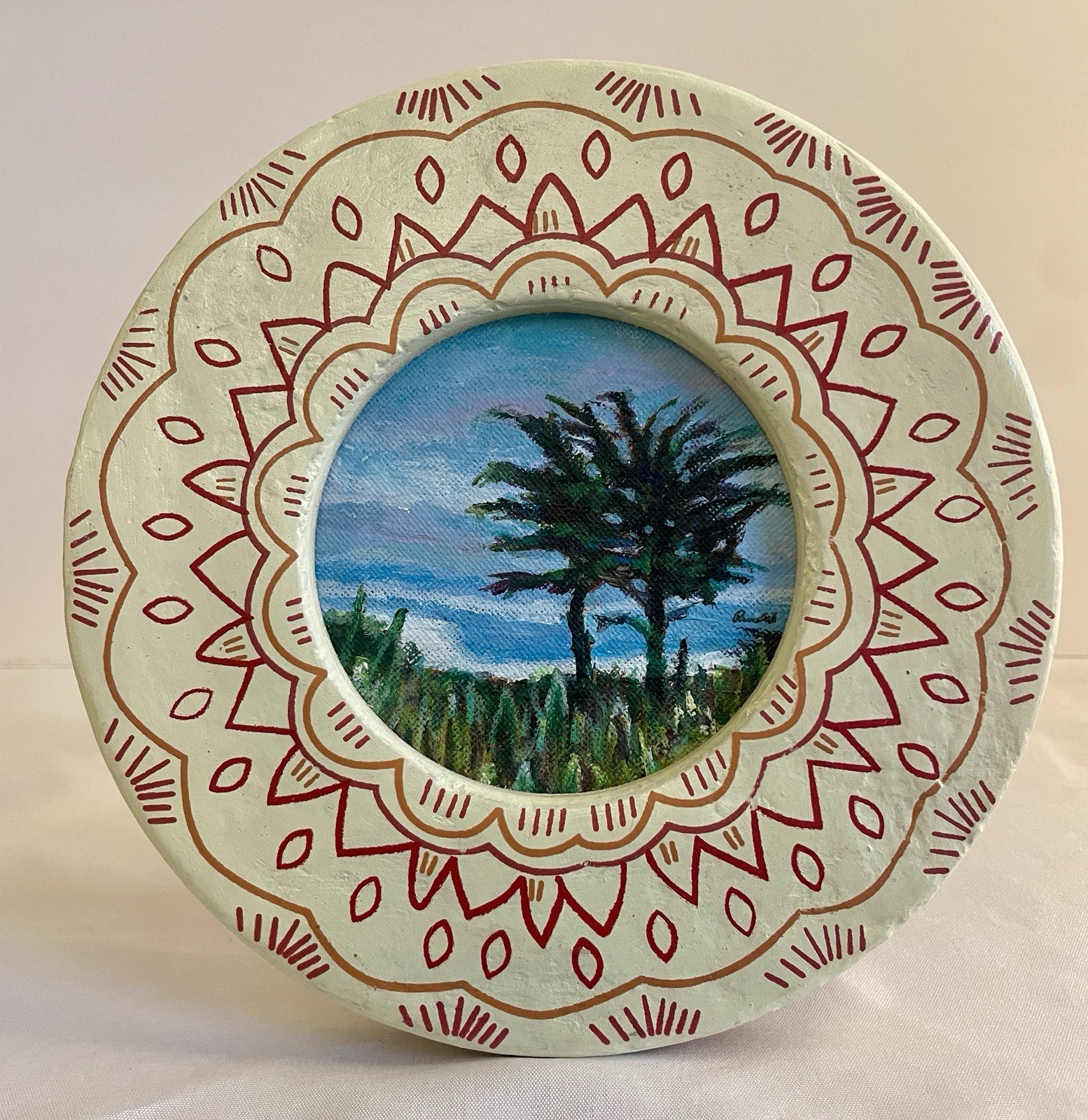 California Cypress Tree Painting Framed Round Coastal Landscape Wall Art