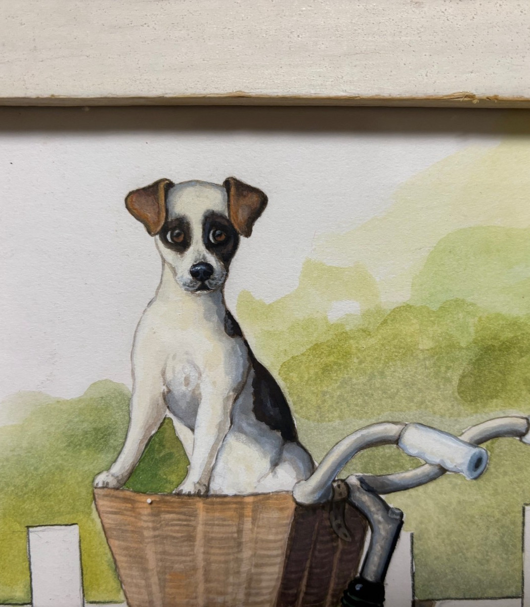 Framed Watercolor -Nostalgic Picket Fence & Dog w/ Vintage Bicycle- Shabby Chic