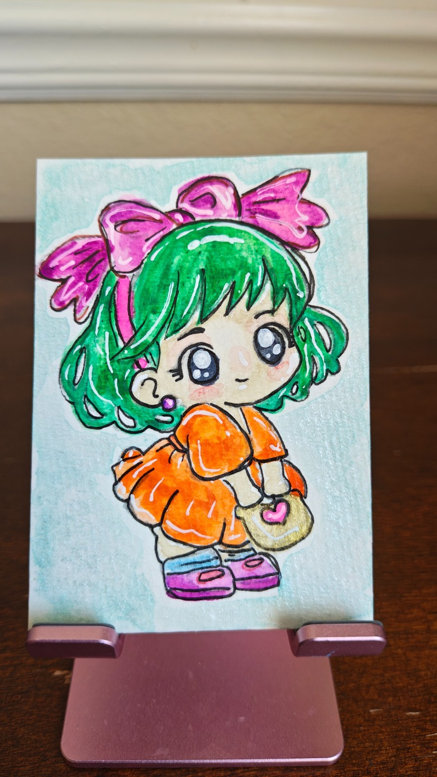 ACEO original print artwork 2.5 x 3.5 card watercolor anime green hair girl eyes