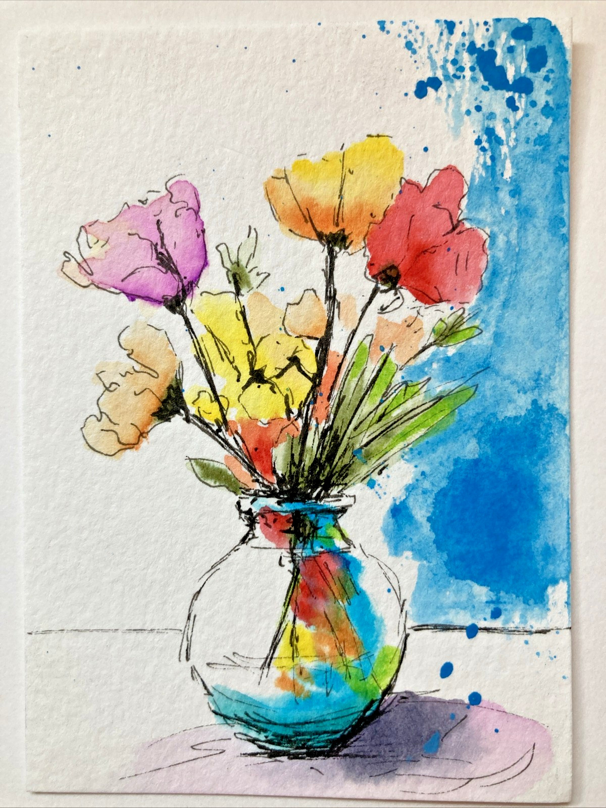 ACEO Original Watercolor Painting OOAK Still Life ATC Artist Trading Card Flower