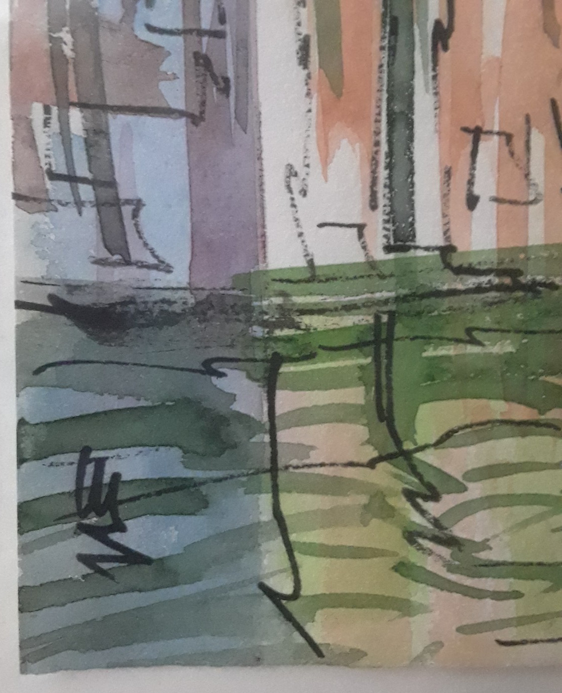 Watercolor & Ink on Paper, Venice Canal Signed Silver Framed with Brown Matting