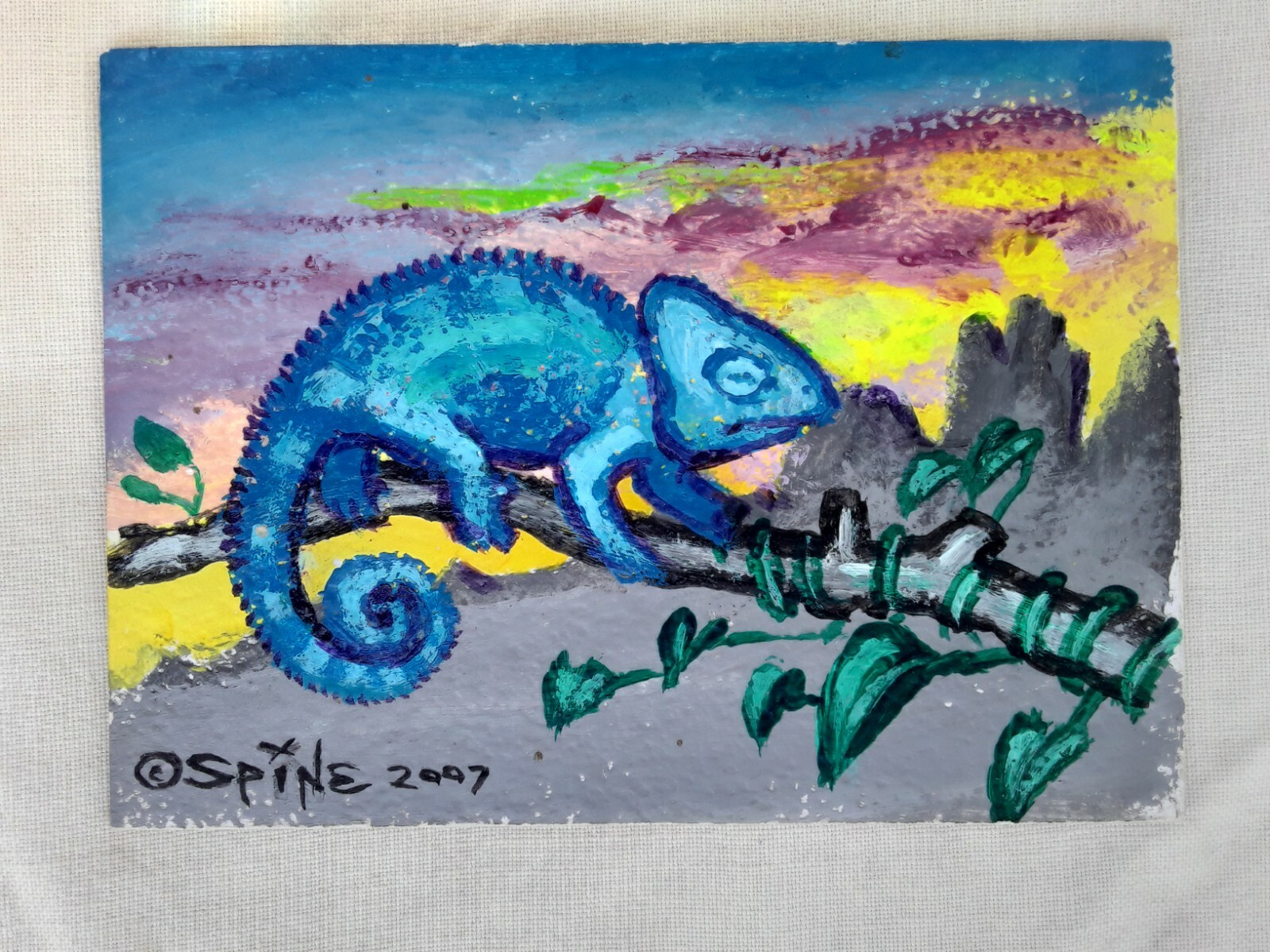 Tiny Size Original Art by Spine OLD WORLD CHAMELEON 2.5 by 3.5 ACEO