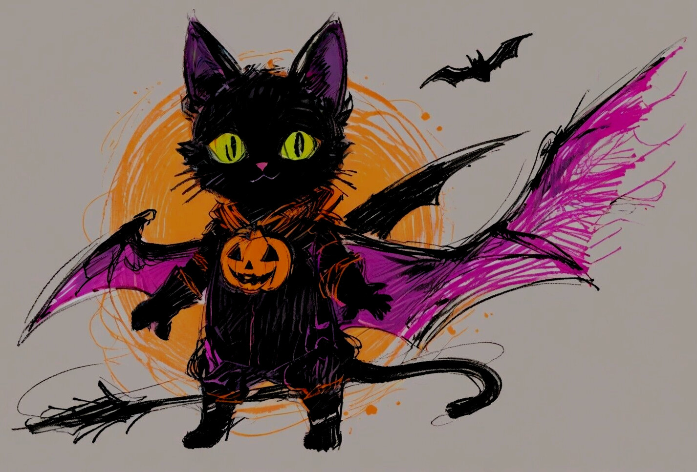 ACEO Mini *Art Print* Black Cat Baby Kitten & Halloween Bat, Pumpkin by Saulite
