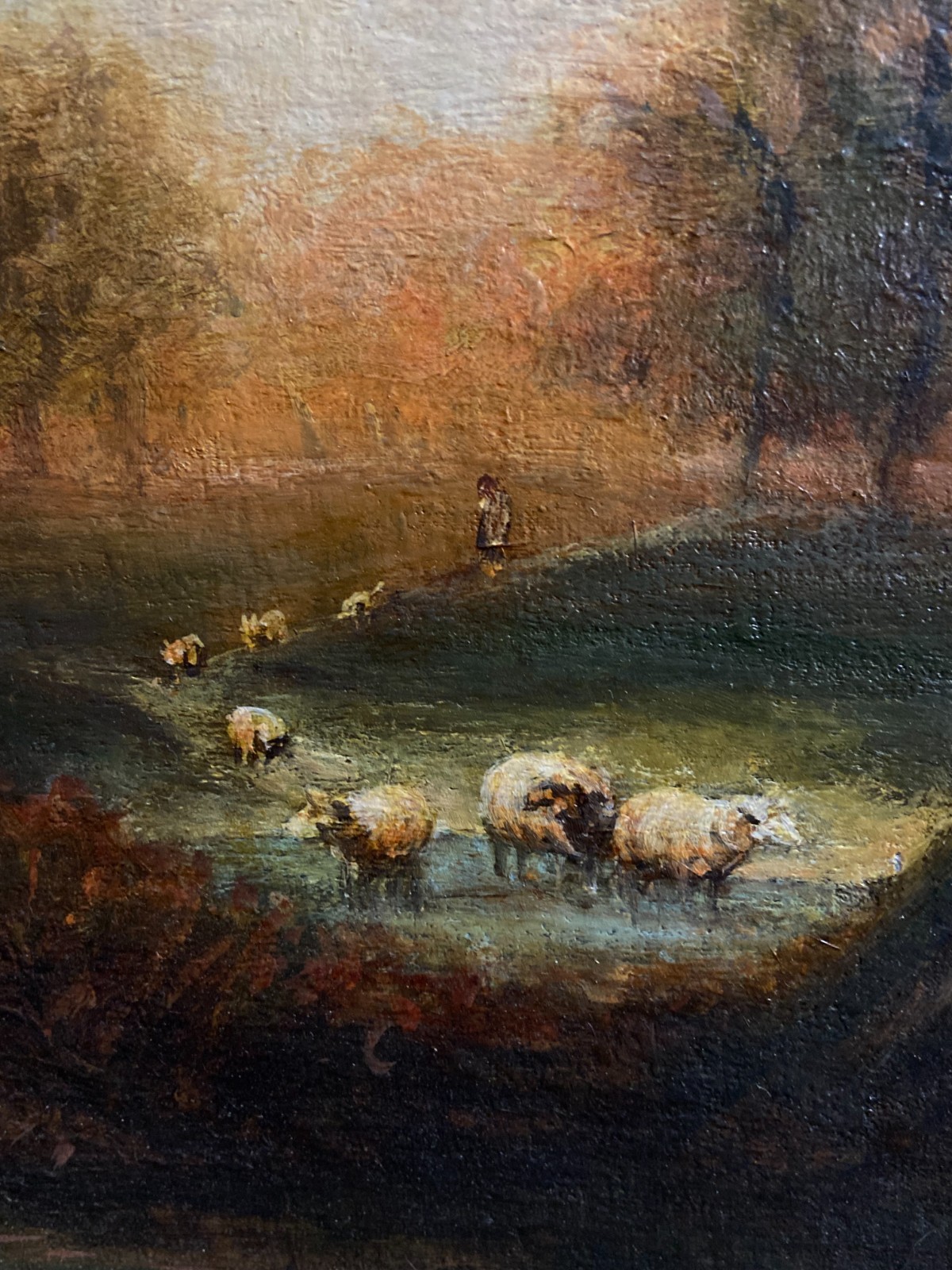 French School 19th Century Landscape Animated Shepherd & Sheep Herd Oil Painting