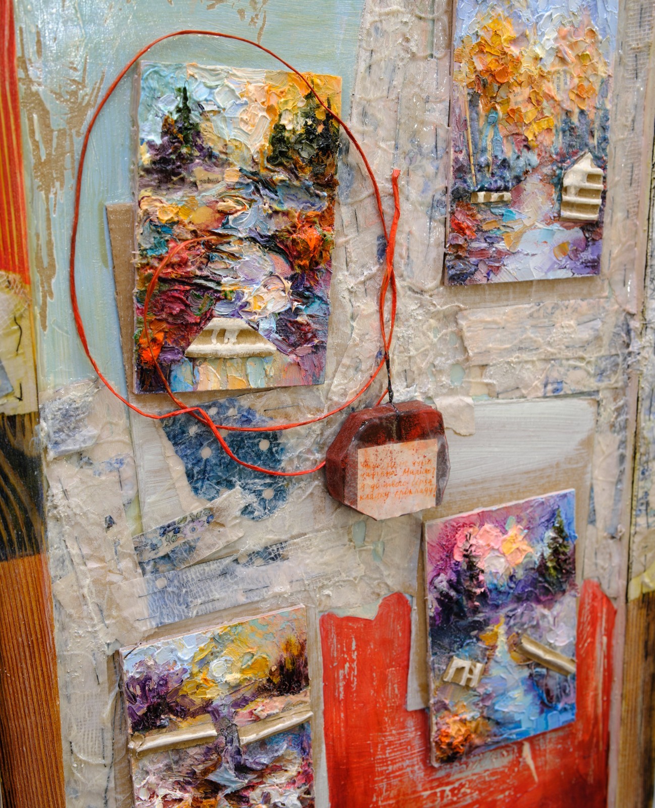 Original framed mixed media artwork; Textured oil, acrylic and textile painting
