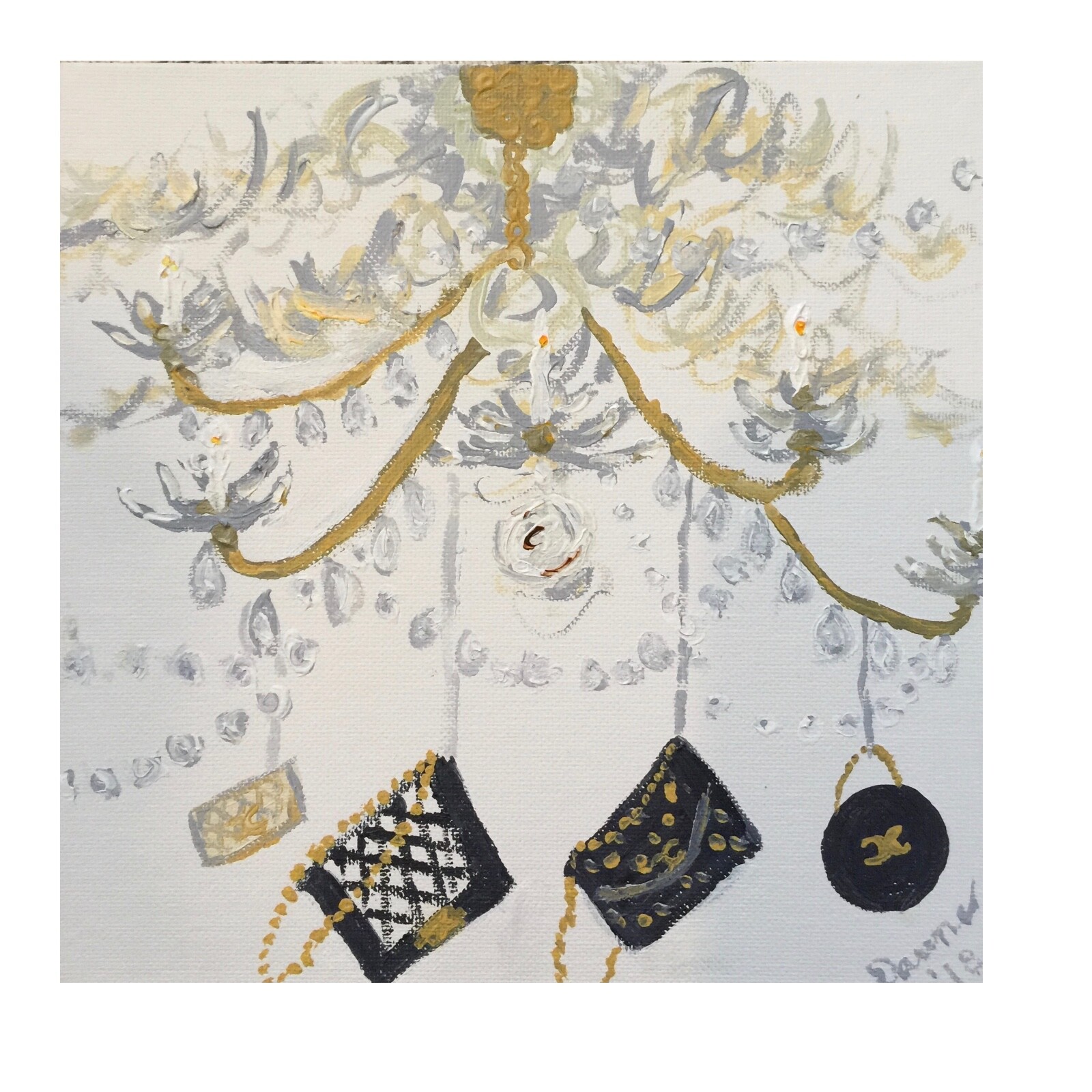 Once Upon a Chandelier Designer Bags Purses gold white Acrylic painting