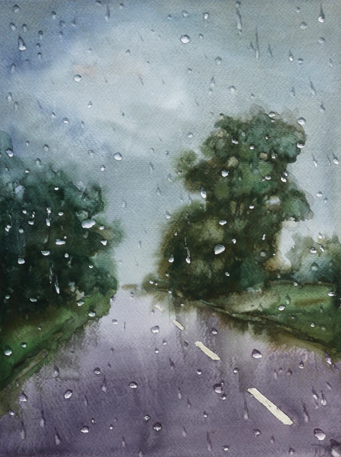 Original Watercolor Landscape Painting Rainy Road View Art 9.5×12.5 in Signed
