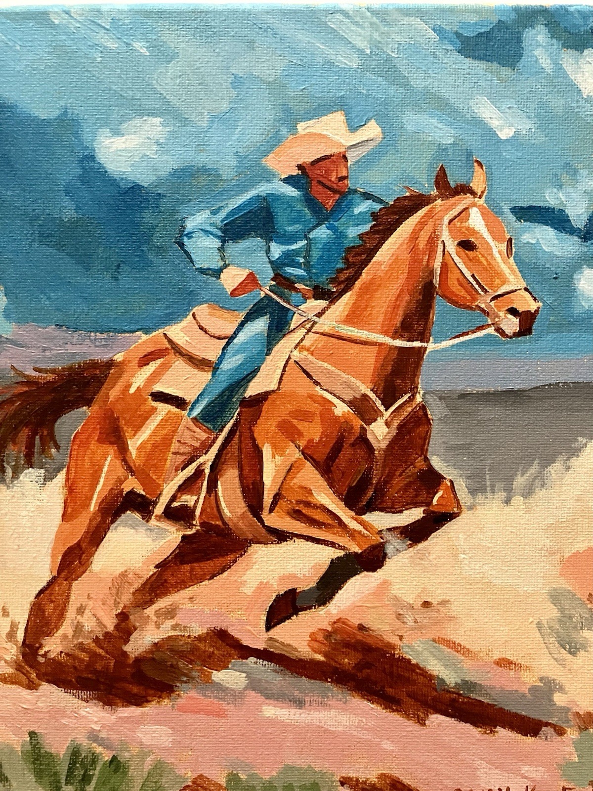 Original Acrylic Western Painting Cowboy Horse Rider 10×10 Inches Signed Art