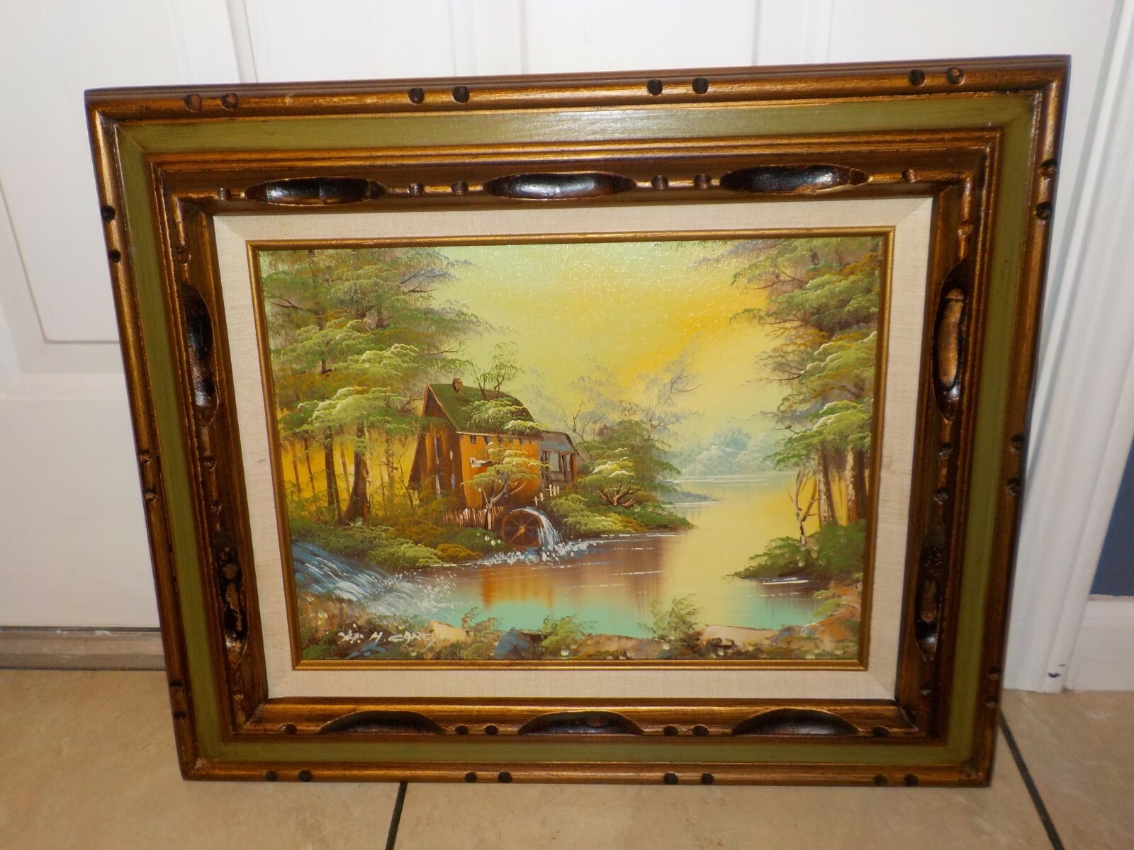 Vintage Water Wheel & Mill, Original Painting by H. CAREY Oil On Canvas Framed