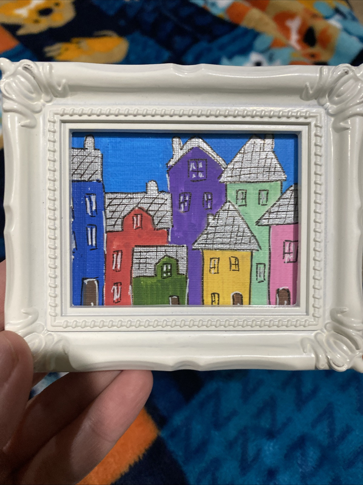 Houses,town,city,landscape ,Original Painting,framed,miniature,small,mini