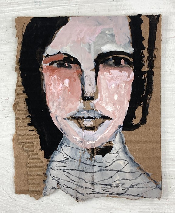 Original Outsider Art Primitive Woman Portrait Painting Torn Cardboard