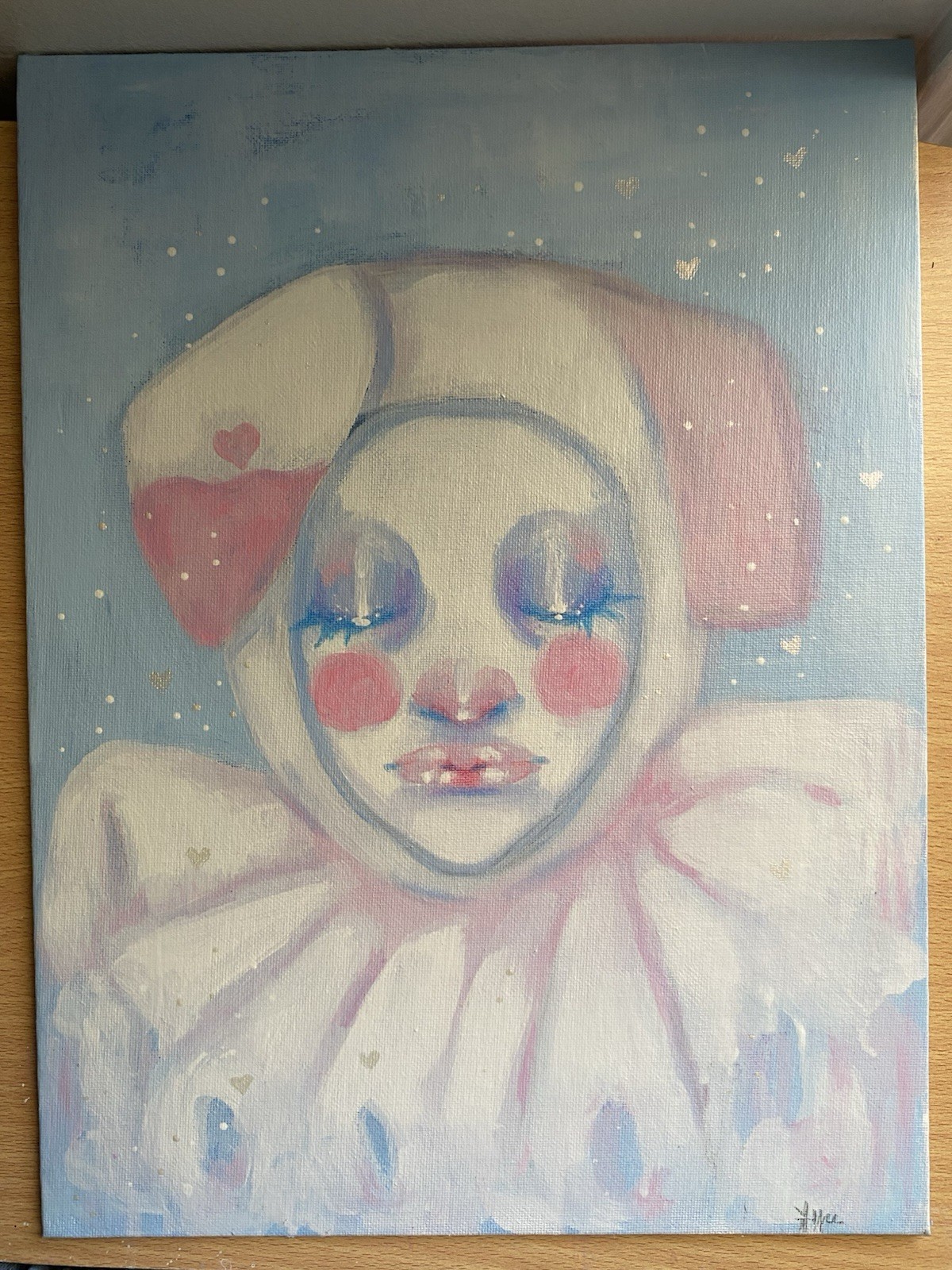 Pastel Blue And Pink Puppy Clown Fantasy Painting On 12×16 Canvas Board