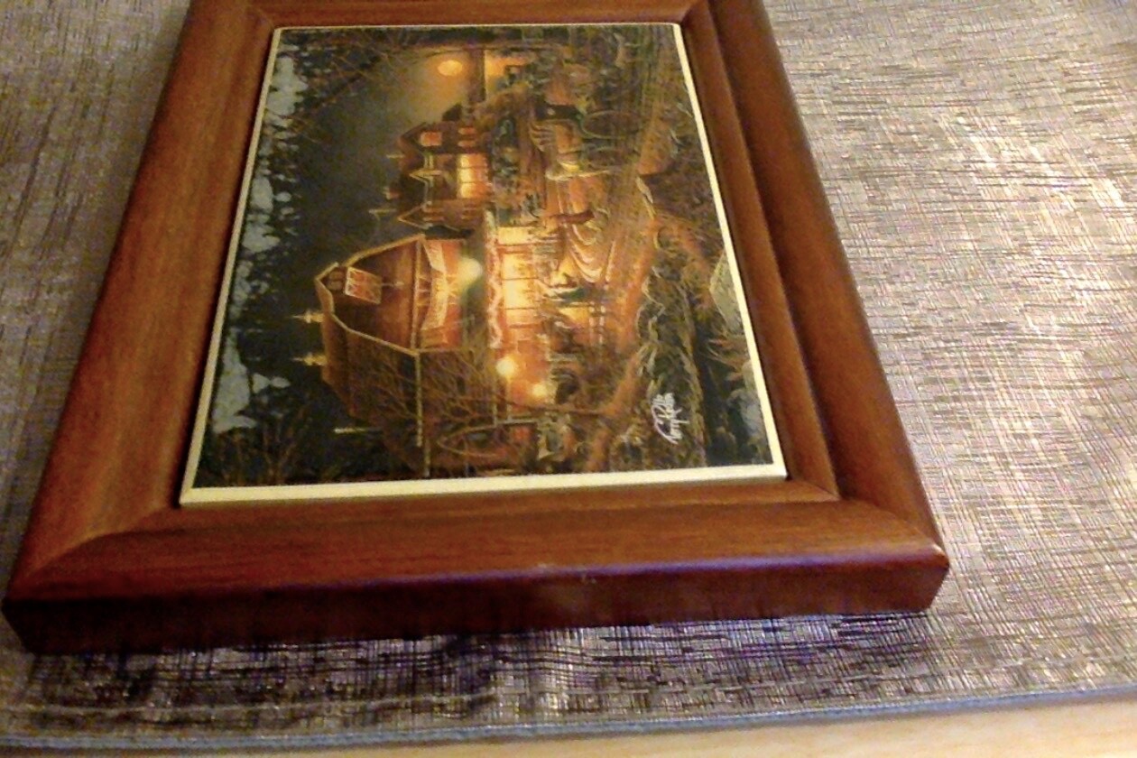 Terry Redlin Hand Painting On Porcelain ‘Harvest Moon Ball In Dark Wooden Frame