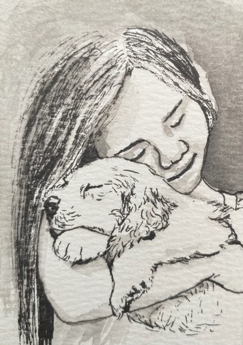ACEO Original Mixed Media Painting Art Girl Dog Puppy by Diana Philip