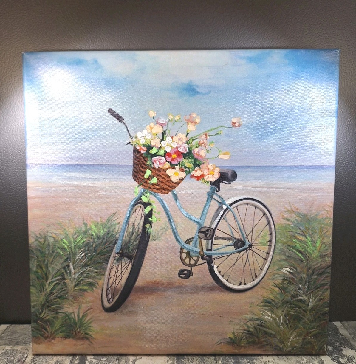 Gallery Frame Canvas Print Bicycle With Flower Basket On The Beach 16x16x1.5″