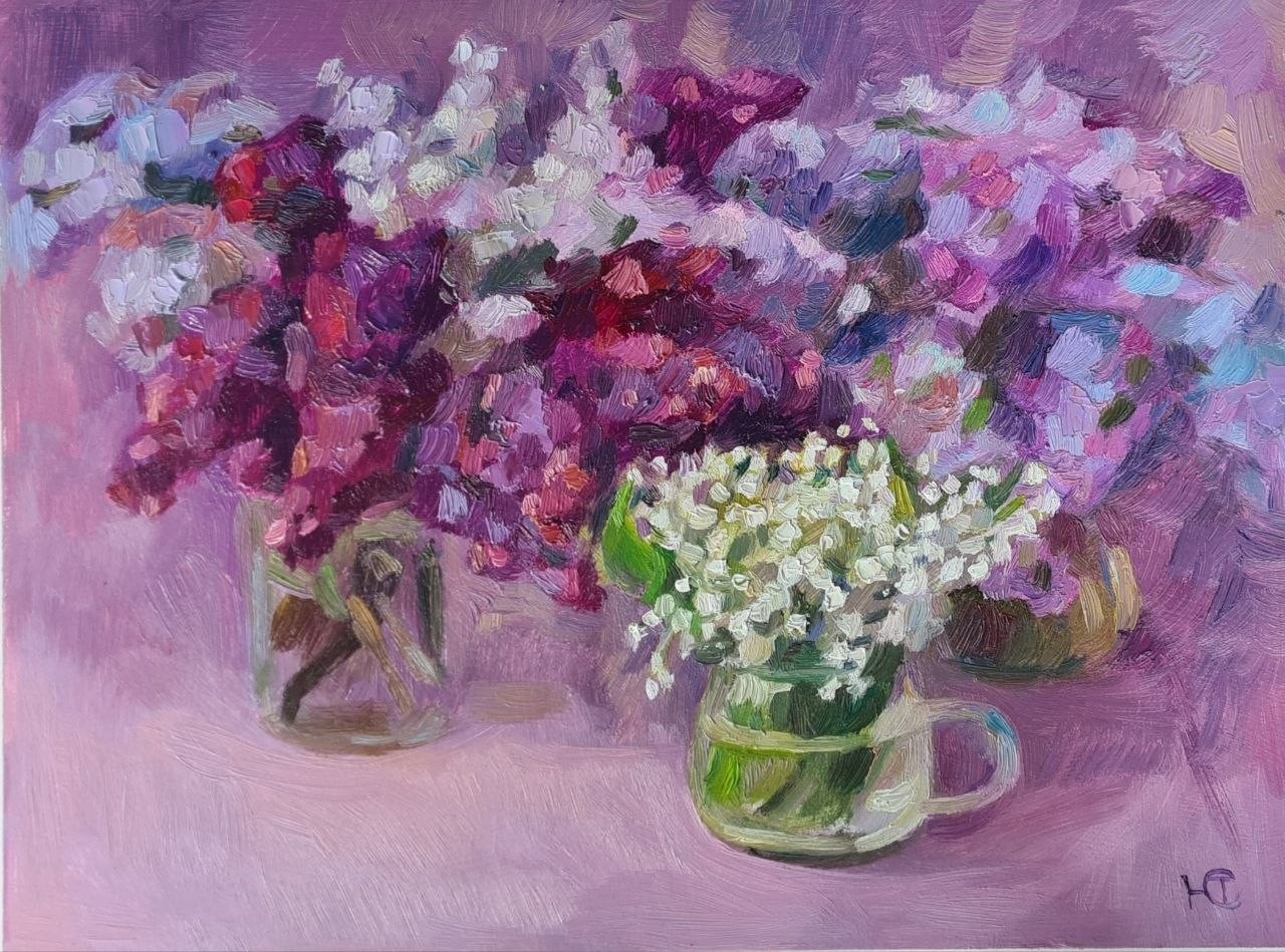 Original Oil Painting Lilacs Lily of the Valley Floral Still Life 11.8 x 15.8 in