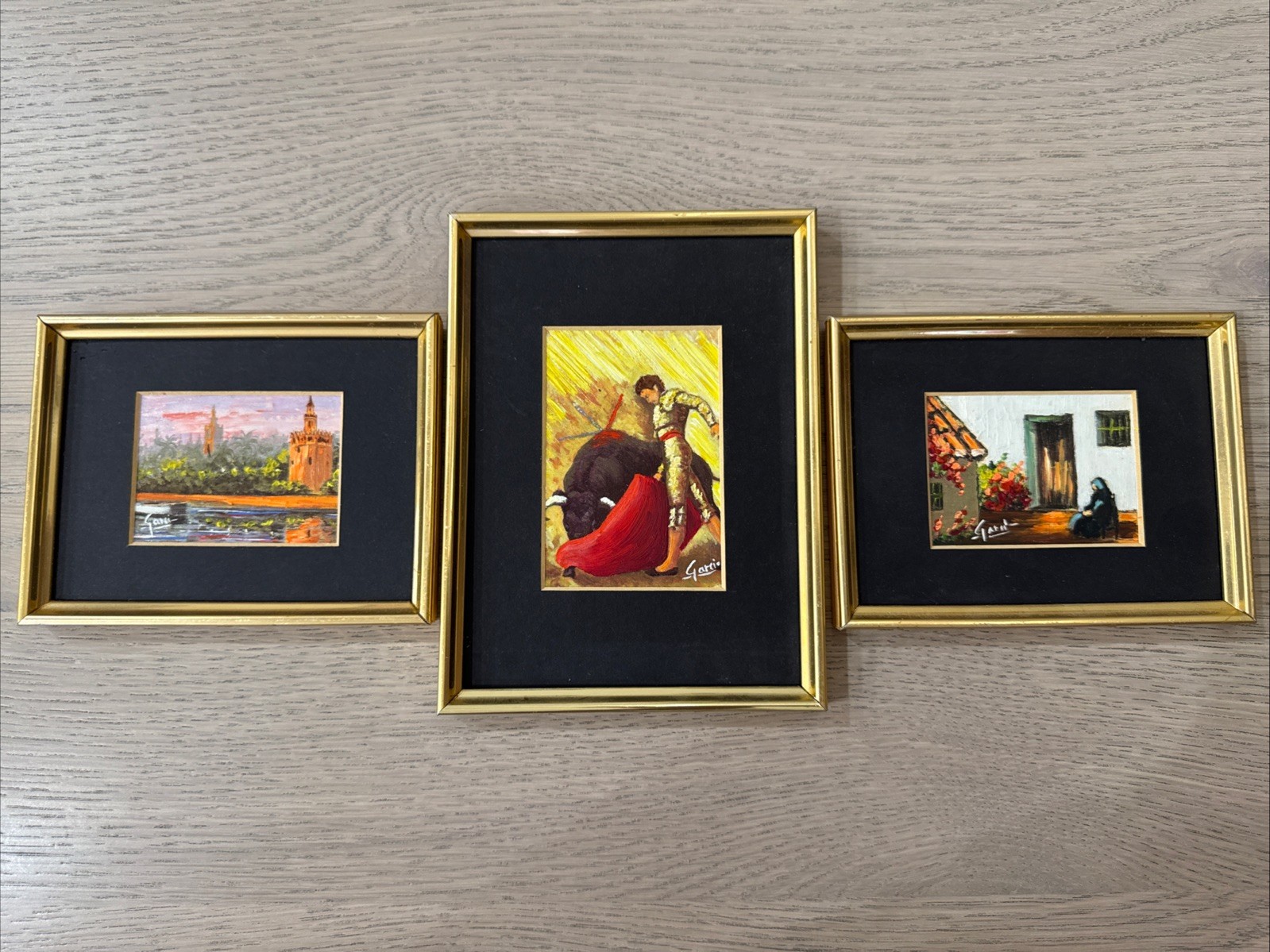 Vintage 70’s Set of Spanish Miniature Oil Paintings Signed “Garcia” Frame/Mat LN