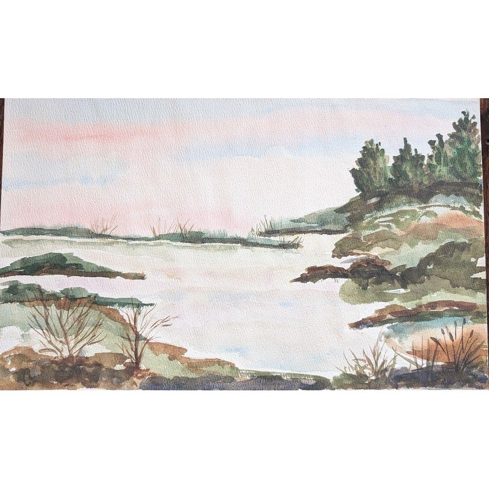 Vtg 70s Landscape Watercolor 10×16 Lake Water Front Nature Country Signed Banas