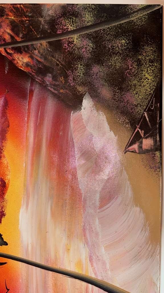 Tropical Sunset Waterfall Palm Tree Acrylic Canvas 20×16 AS-IS