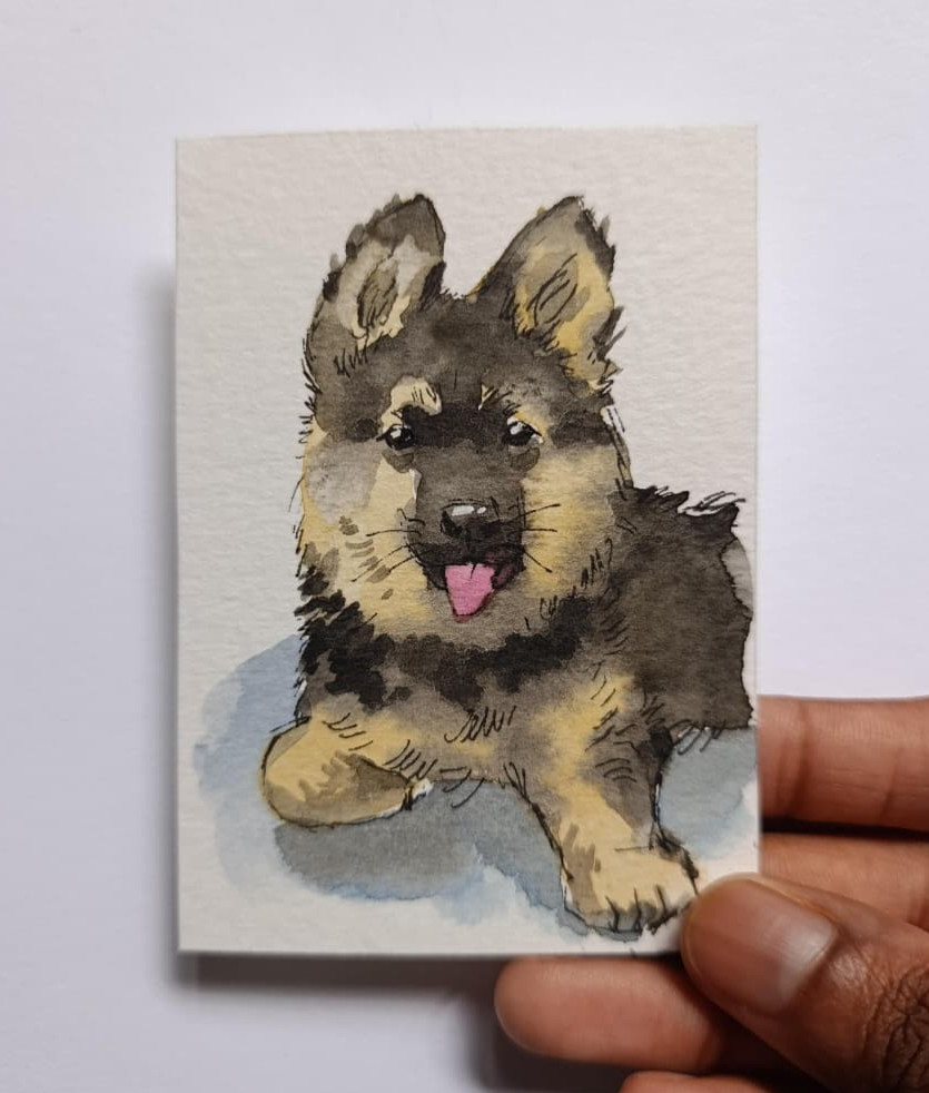 ACEO Original Watercolor Painting OOAK Happy German Shepherd Puppy Dog Mini Art
